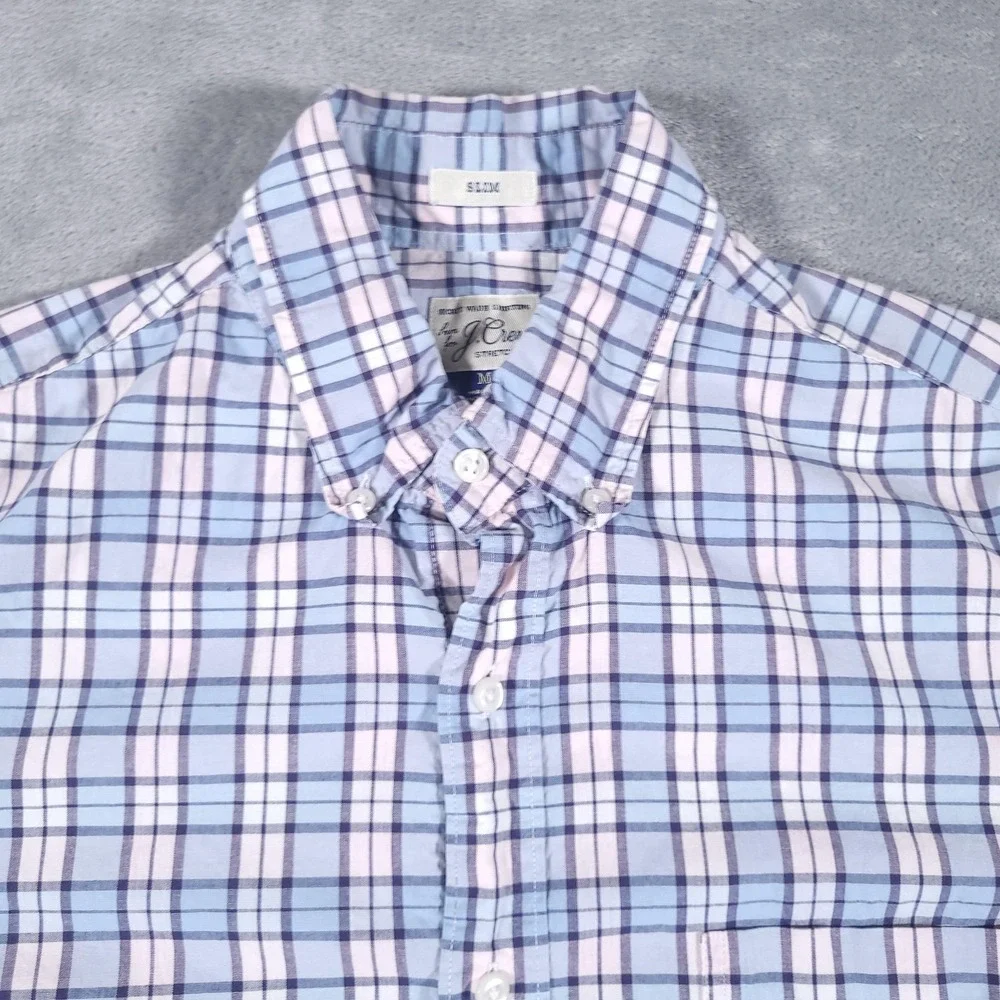 J Crew Shirt Mens Medium Blue Pink Plaid Slim Fit Stretch Button Down Casual‎